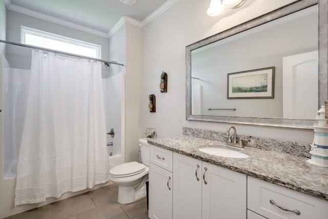 729 Houston Lake Dr, Evans, GA 30809 - bathroom with shower / bath combination with curtain, vanity, ornamental molding, and tile patterned floors