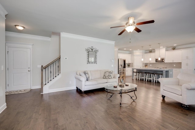 729 Houston Lake Dr, Evans, GA 30809 - living area with a ceiling fan, ornamental molding, stairs, dark wood-style floors, and recessed lighting