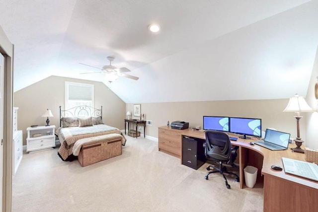 bedroom featuring lofted ceiling, light colored carpet, ceiling fan, and baseboards