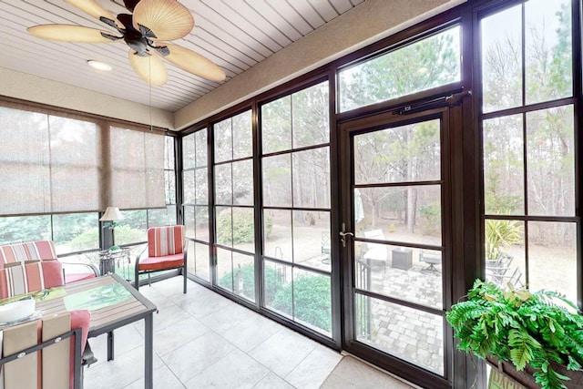 sunroom / solarium featuring plenty of natural light and ceiling fan