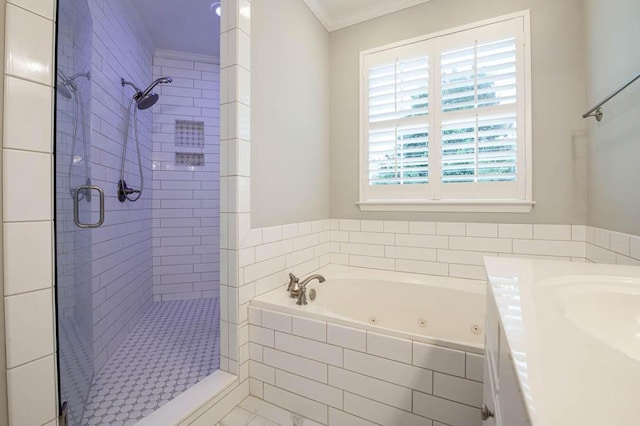 bathroom with separate shower and tub and crown molding