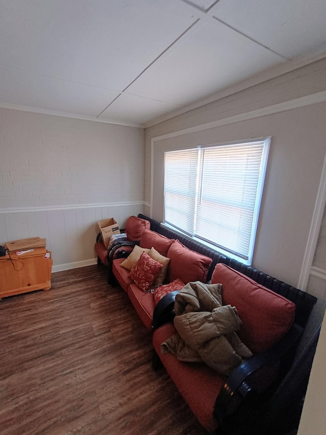 living area featuring wood finished floors and wainscoting