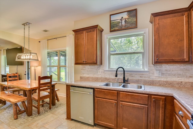 132 Running Creek Dr, North Augusta, SC 29860 - kitchen featuring stainless steel dishwasher, a sink, backsplash, and brown cabinets
