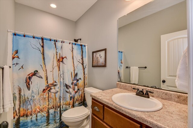 132 Running Creek Dr, North Augusta, SC 29860 - bathroom featuring toilet, vanity, a shower with shower curtain, and recessed lighting