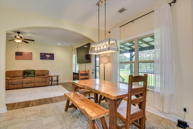 132 Running Creek Dr, North Augusta, SC 29860 - dining space with arched walkways, baseboards, a ceiling fan, and recessed lighting