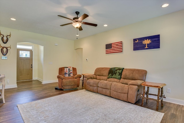 132 Running Creek Dr, North Augusta, SC 29860 - living room featuring arched walkways, a ceiling fan, wood finished floors, baseboards, and recessed lighting