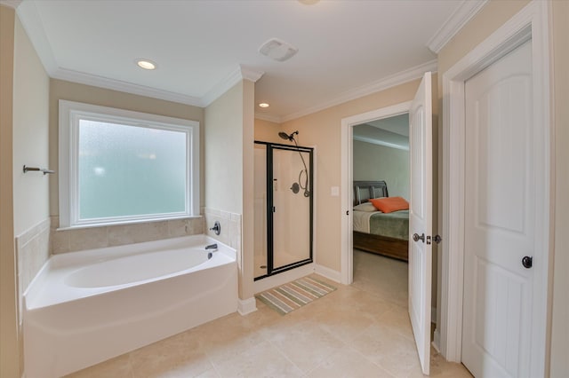 214 Torrey Pine Trl, Evans, GA 30809 - ensuite bathroom featuring a stall shower, a garden tub, crown molding, recessed lighting, and tile patterned floors