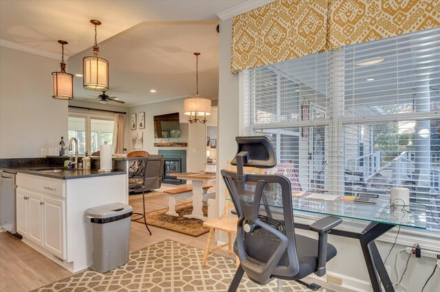 interior space featuring ceiling fan, sink, crown molding, and light wood-type flooring