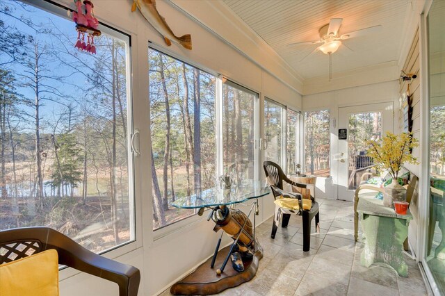 sunroom / solarium featuring ceiling fan