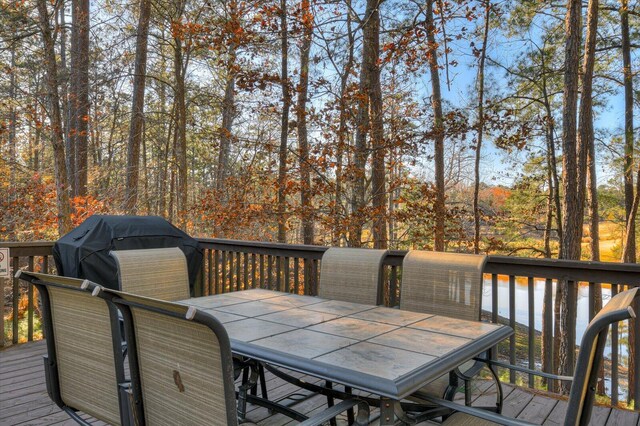 wooden terrace featuring a water view and area for grilling