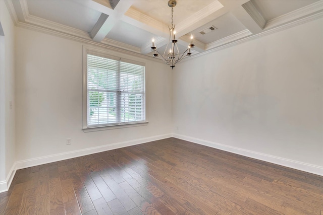 554 Bunchgrass St, Evans, GA 30809 - empty room with coffered ceiling, a chandelier, dark wood-style flooring, ornamental molding, and baseboards