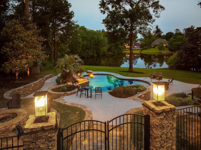 462 Armstrong Way, Evans, GA 30809 - view of pool featuring a fire pit, a water view, a gate, and a patio area
