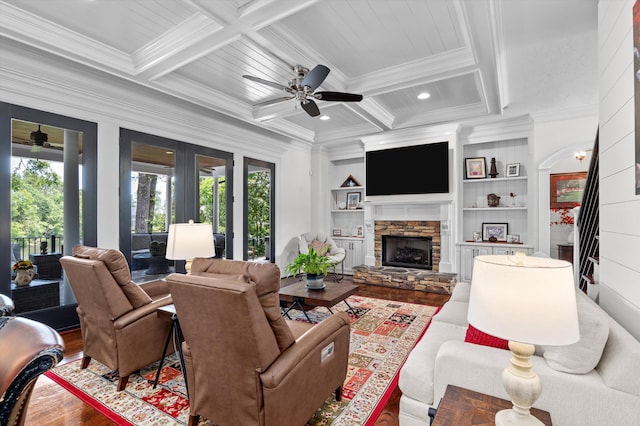 462 Armstrong Way, Evans, GA 30809 - living area featuring coffered ceiling, crown molding, a fireplace, plenty of natural light, and wood finished floors