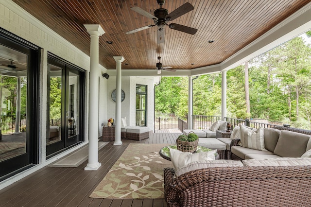 462 Armstrong Way, Evans, GA 30809 - wooden deck featuring an outdoor living space, a ceiling fan, and french doors