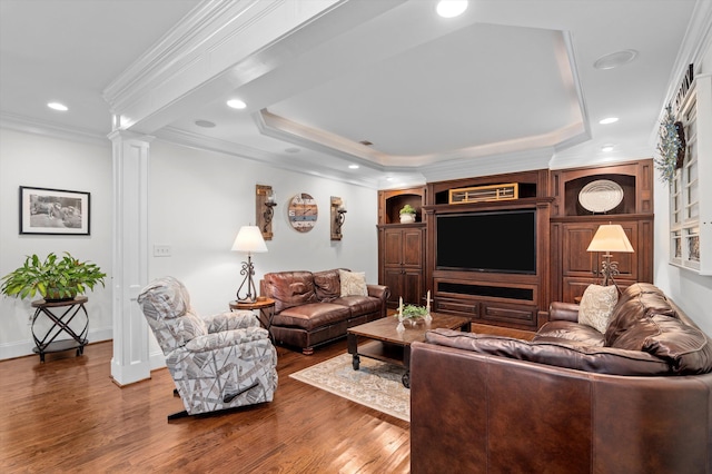 462 Armstrong Way, Evans, GA 30809 - living room with wood finished floors, ornamental molding, a tray ceiling, recessed lighting, and ornate columns
