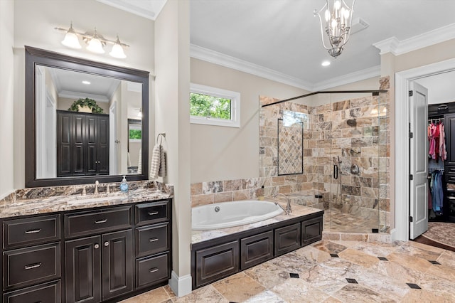 462 Armstrong Way, Evans, GA 30809 - bathroom featuring a stall shower, a bath, vanity, crown molding, and a spacious closet