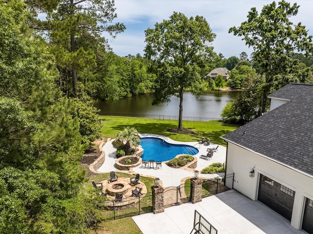 462 Armstrong Way, Evans, GA 30809 - view of pool with an outdoor fire pit, a water view, a patio, a gate, and view of wooded area