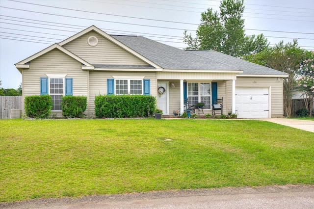 ranch-style house with a porch, a front yard, and a garage