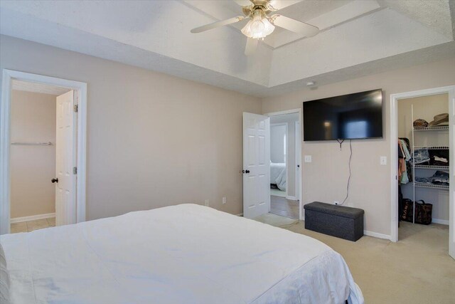 carpeted bedroom featuring a closet, a walk in closet, a tray ceiling, and ceiling fan