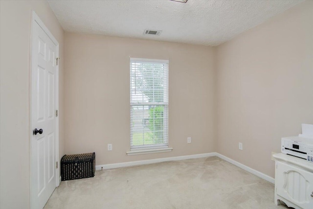 interior space with light carpet and a textured ceiling