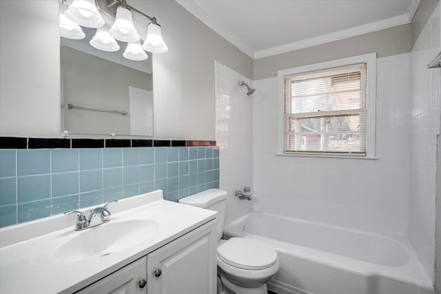 bathroom featuring tile walls, toilet, crown molding, and shower / bathtub combination