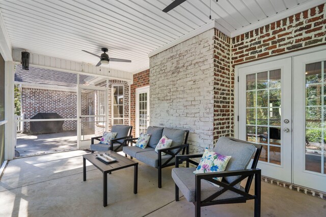 view of patio with french doors, an outdoor living space, ceiling fan, and a grill