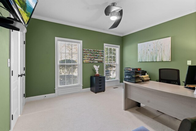 carpeted home office featuring a wealth of natural light, crown molding, and ceiling fan