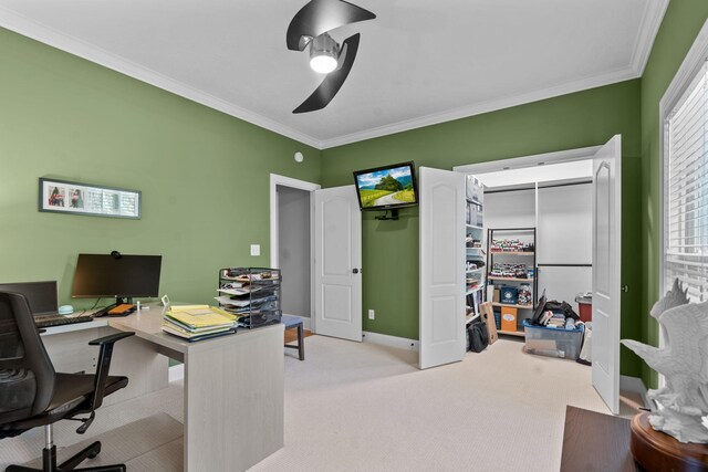 office area featuring light colored carpet and ornamental molding