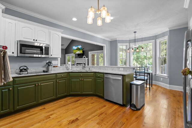 kitchen with white cabinetry, sink, pendant lighting, a chandelier, and appliances with stainless steel finishes