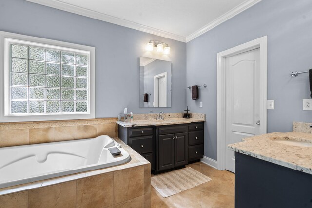 bathroom with tile patterned flooring, vanity, a relaxing tiled tub, and ornamental molding