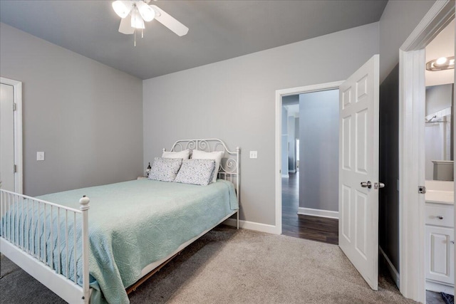 bedroom featuring baseboards, carpet floors, and ceiling fan