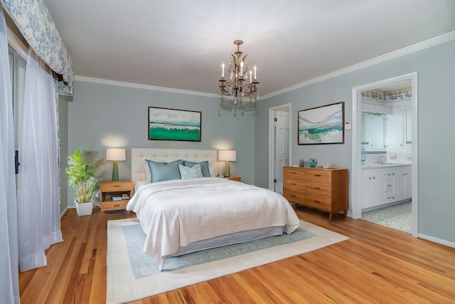 3134 Walton Way, Augusta, GA 30909 - bedroom with ornamental molding, a chandelier, light wood finished floors, baseboards, and a sink