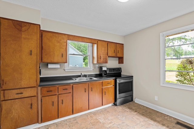 kitchen with brown cabinetry, baseboards, plenty of natural light, a sink, and stainless steel range with electric cooktop