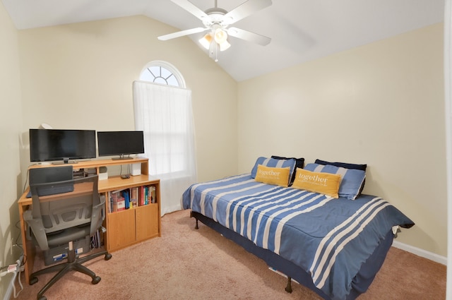 bedroom featuring ceiling fan, carpet, and lofted ceiling