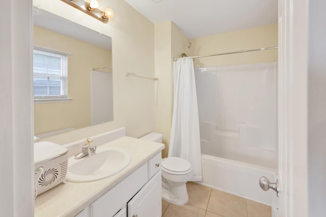 full bathroom with shower / bathtub combination with curtain, tile patterned flooring, vanity, and toilet