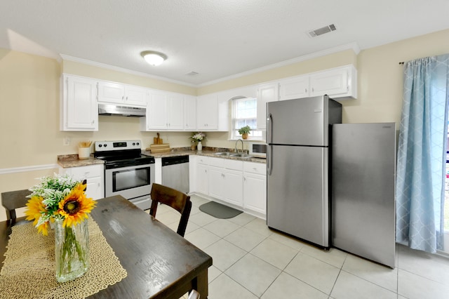 kitchen featuring white cabinets, appliances with stainless steel finishes, and extractor fan