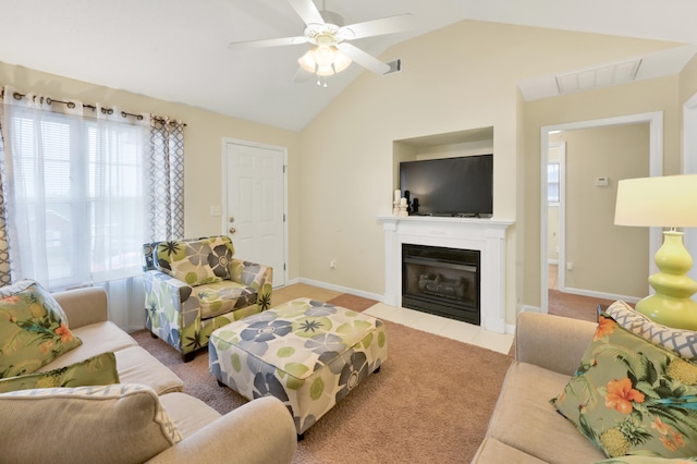 living room with light carpet, ceiling fan, and lofted ceiling