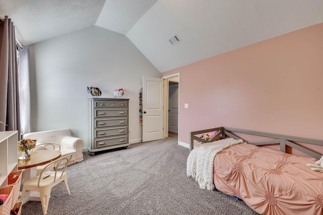 carpeted bedroom featuring lofted ceiling, baseboards, and visible vents