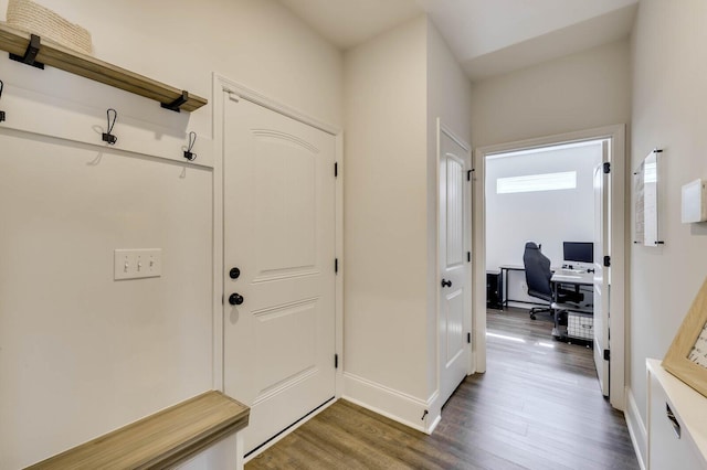 mudroom featuring dark wood finished floors