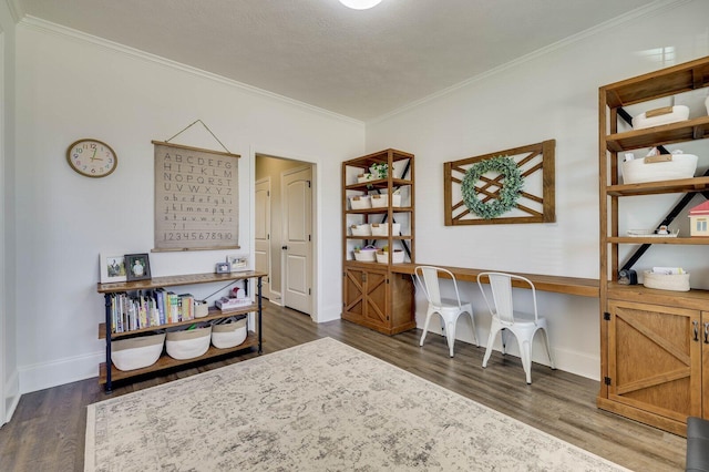 office featuring baseboards, dark wood-style floors, and ornamental molding