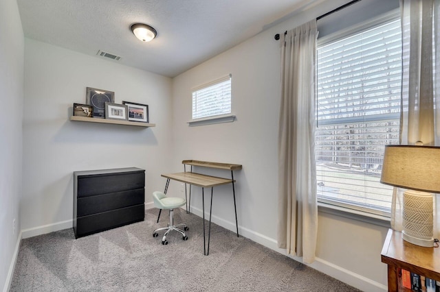 office space featuring carpet flooring, baseboards, and visible vents