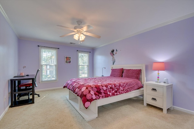 3463 Rhodes Hill Dr, Augusta, GA 30907 - bedroom with light carpet, crown molding, baseboards, and ceiling fan