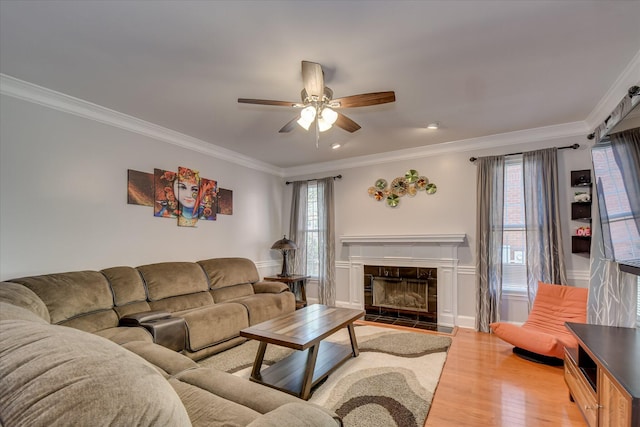 3463 Rhodes Hill Dr, Augusta, GA 30907 - living area with ornamental molding, light wood-style floors, ceiling fan, a fireplace, and wainscoting
