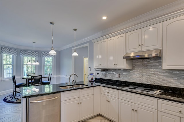 3463 Rhodes Hill Dr, Augusta, GA 30907 - kitchen featuring under cabinet range hood, a sink, dishwasher, a peninsula, and dark stone countertops