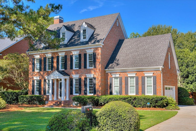 3463 Rhodes Hill Dr, Augusta, GA 30907 - georgian-style home with a chimney, brick siding, a front lawn, roof with shingles, and concrete driveway