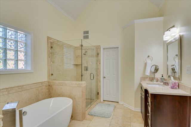 3463 Rhodes Hill Dr, Augusta, GA 30907 - full bath featuring a freestanding bath, vanity, a stall shower, tile patterned flooring, and ornamental molding