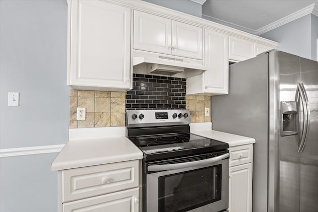 4308 Felmellow Dr, Grovetown, GA 30813 - kitchen with stainless steel appliances, under cabinet range hood, light countertops, white cabinets, and crown molding