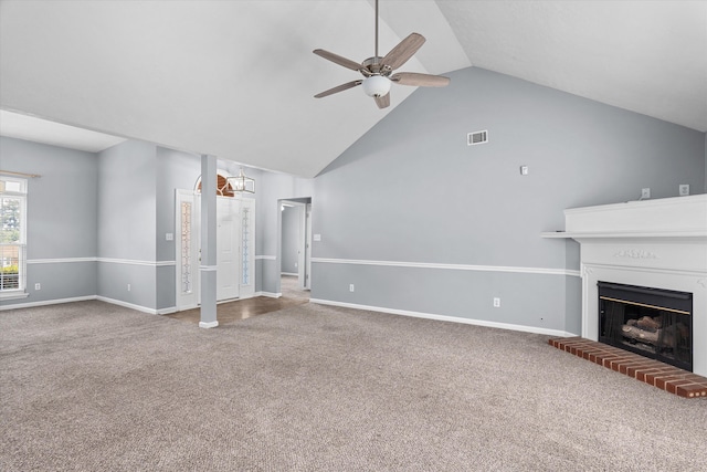 4308 Felmellow Dr, Grovetown, GA 30813 - unfurnished living room featuring ceiling fan, carpet floors, a fireplace with raised hearth, baseboards, and high vaulted ceiling