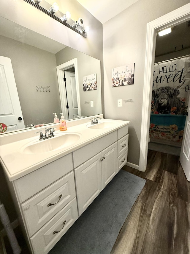 bathroom with vanity and wood-type flooring