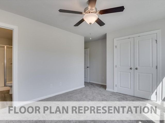 unfurnished bedroom featuring ensuite bath, ceiling fan, a closet, and light colored carpet